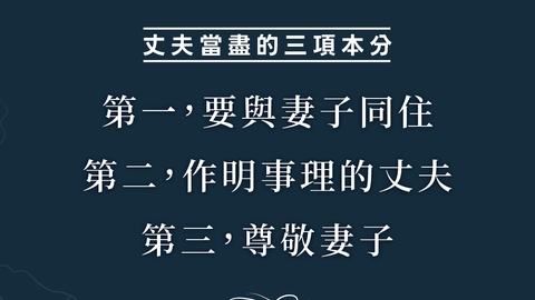 丈夫當盡的三項本分 第一，要與妻子同住； 第二，作明事理的丈夫； 第三，尊敬妻子。《丈夫當如何愛妻子》約翰・羅傑斯