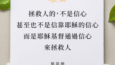 偉大的美國神學家，華菲德，對此給了一個美妙的說明，他說：「拯救人的，不是信心，甚至也不是信靠耶穌基督的信心，而是耶穌基督通過信心來拯救人」