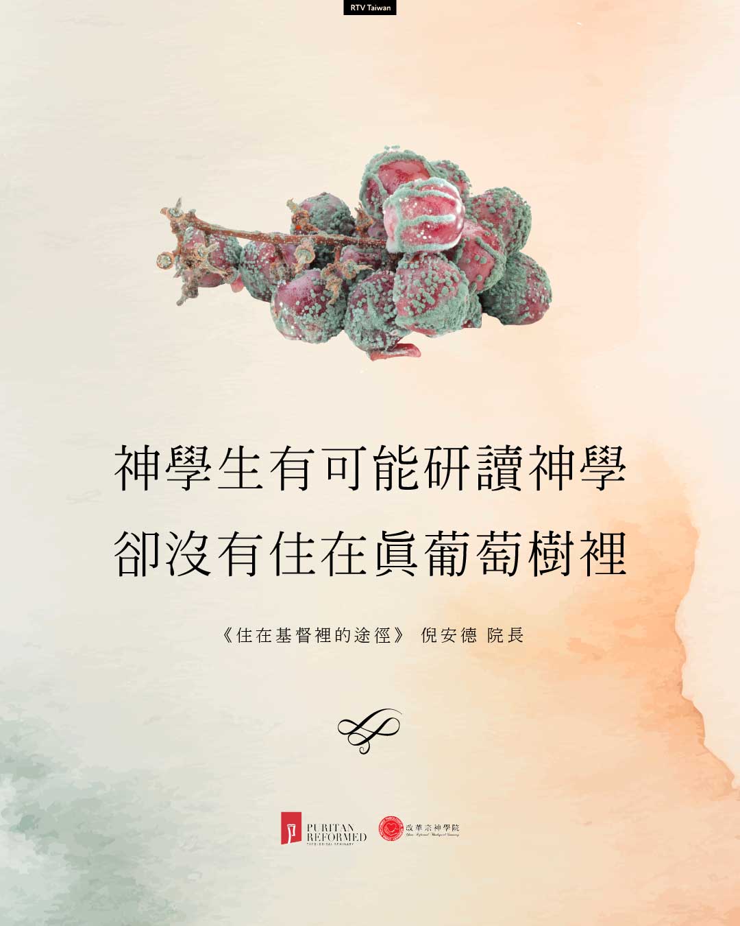 水彩葡萄圖,文字:神學生有可能研讀神學,卻沒有住在真葡萄樹裡。《住在基督裡的途徑》,倪安德院長。