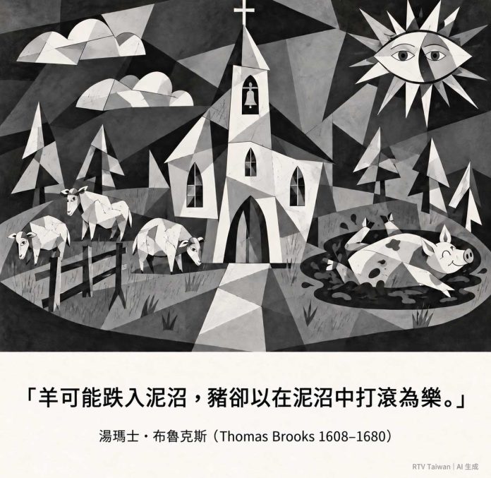 黑白灰立體主義圖文：左側三隻羊在草地上，中央是帶十字架的教堂，右側一隻豬開心地在泥沼中打滾。圖中文字：「羊可能跌入泥沼，豬卻以在泥沼中打滾為樂。」湯瑪士・布魯克斯（Thomas Brooks 1608–1680）。右下角標示：RTV Taiwan｜AI 生成。