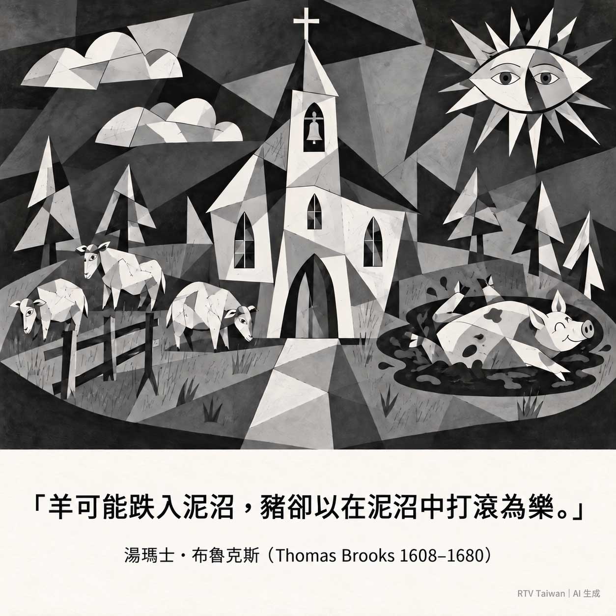 黑白灰立體主義圖文:左側三隻羊在草地上,中央是帶十字架的教堂,右側一隻豬開心地在泥沼中打滾。圖中文字:「羊可能跌入泥沼,豬卻以在泥沼中打滾為樂。」湯瑪士・布魯克斯(Thomas Brooks 1608–1680)。右下角標示:RTV Taiwan|AI 生成。